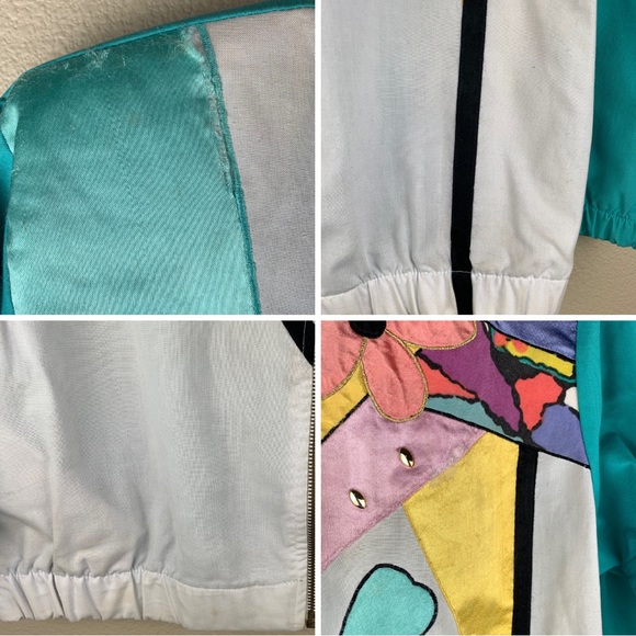 Vintage 80’s Teddi Brand Teal Abstract Bomber Jacket with Gold accents - Picture 3 of 3